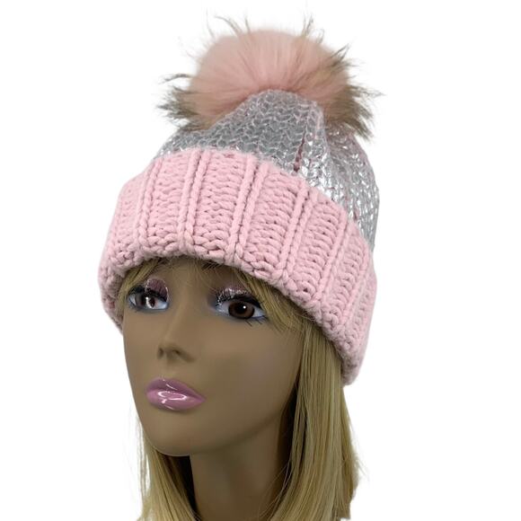 Light Pink & Silver Wool Blend Beanie Hat Genuine Raccoon Fur Pom-Pom by AQUA